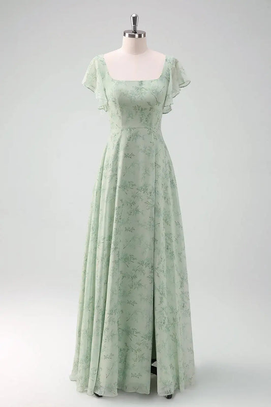 DingJiDress Hot Sale Prom Dress Sheath Square Neck Flutter Sleeves Floral Printed With Slit Fantastic Formal Dresses