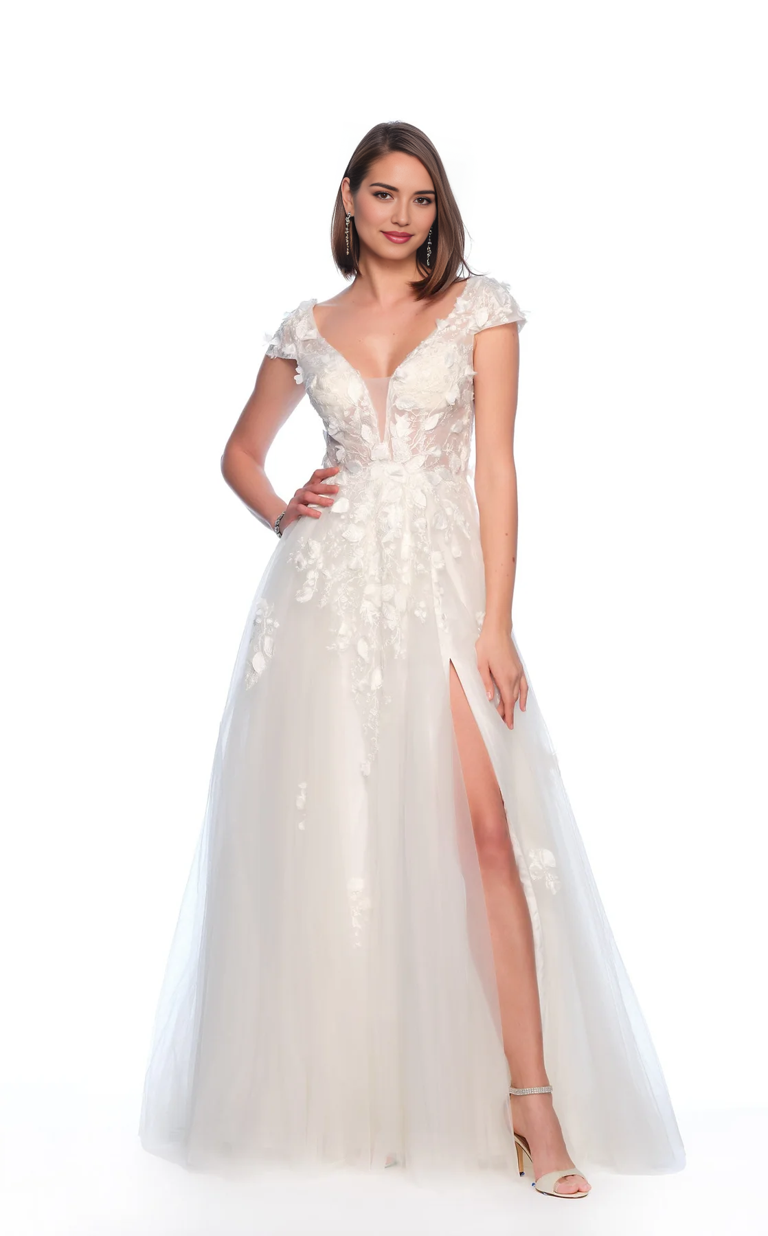 DingJiDress Hot Sale Wedding Dress Beautiful A Line Deep V Neck Cap Sleeve Backless Side Fork Floor-Length Romantic Formal Wear Dresses