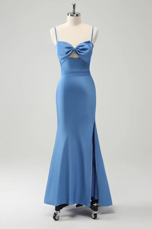 DingJiDress Mermaid Spaghetti Straps With Bowknot Side Fork Cute Party Dress Hot Sale Prom Dress