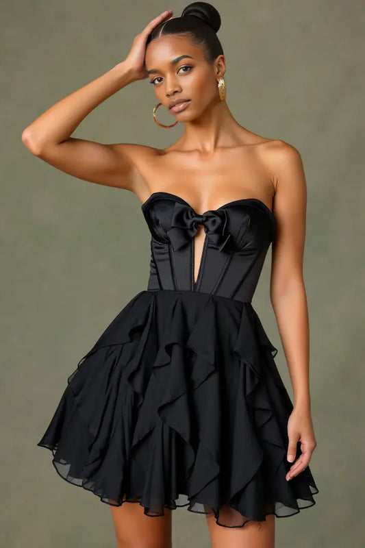 DingJiDress Mini Dress Black A-Line Strapless Bowknot Sweetheart Neckline Keyhole Tiers Ruffles Charming Dress Discount Hot Sale Homecoming Dress