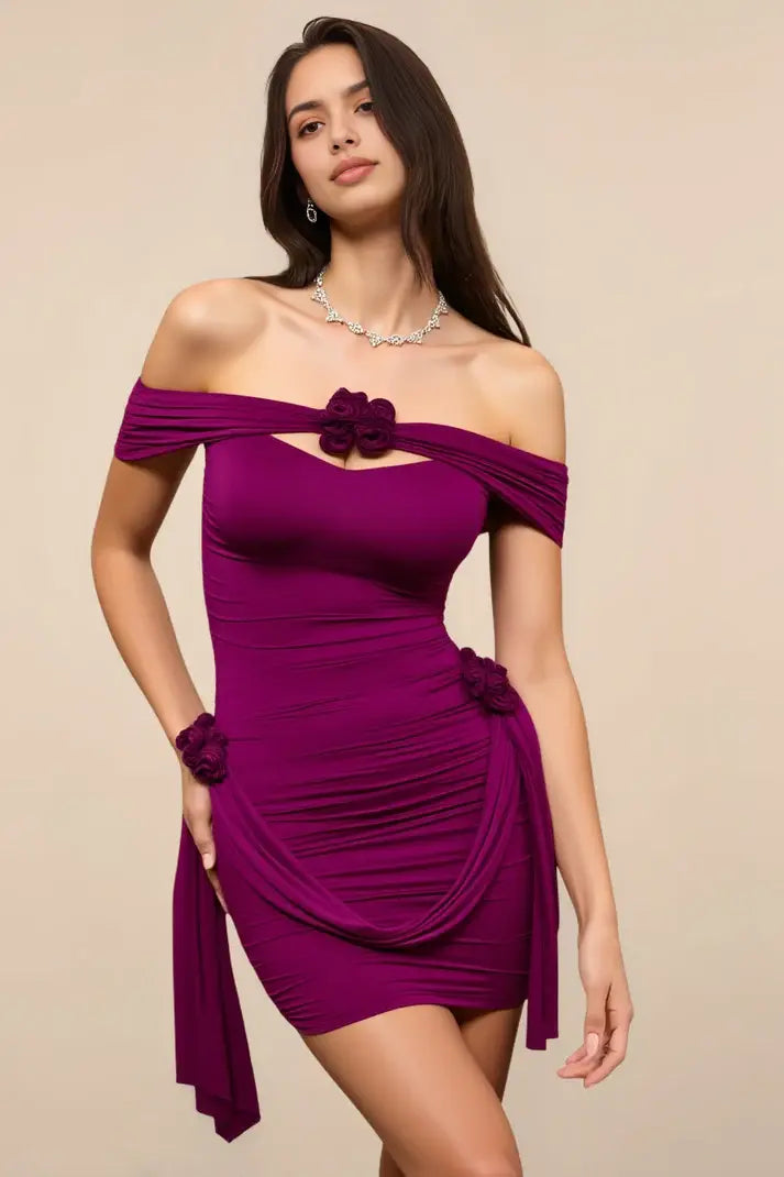 DingJiDress Mini Dress Charming Bodycon Off-Shoulder Pleated with Waist 3D Flower Chic Dress Discount Hot Sale Homecoming Dress