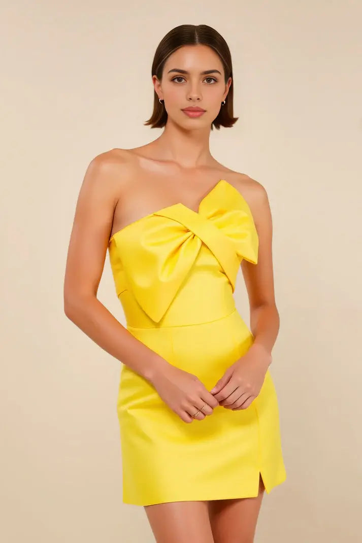 DingJiDress Mini Dress Yellow Sheath Strapless Bowknot Neckline With Slit Chic Discount Hot Sale Homecoming Dress