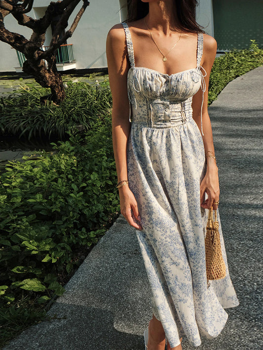 DingJiDress Party Dress A Line Low cut Ruched Shoulder Strap Printing Floral Cute Hot Sale Prom Dress