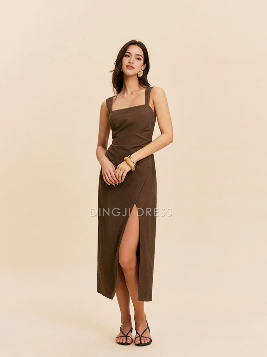 DingJiDress Party Dress Sheath Square Neck Shoulder Strap Sleeveless Side Fork Elegant Hot Sale Prom Dress