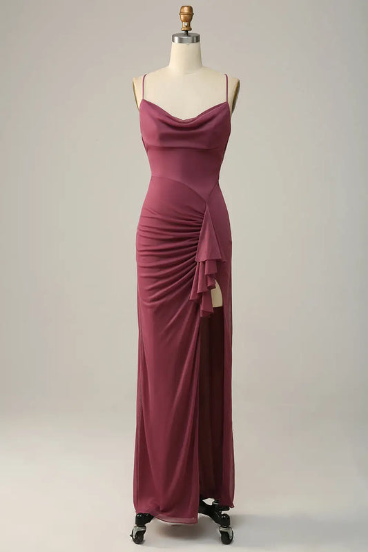 DingJiDress Sheath Spaghetti Straps Ruched Backless Cross Back Side Fork Fashion Party Dress Hot Sale Prom Dress