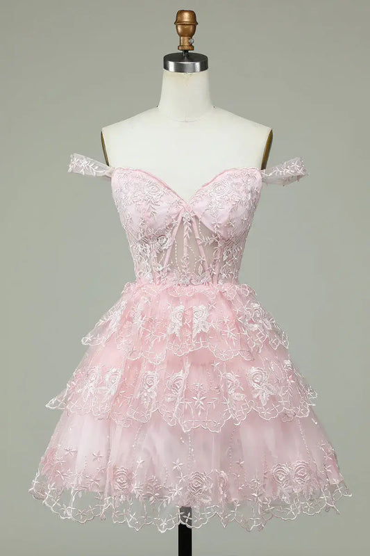 DingJiDress Short Dress A Line Off Shoulder Sweetheart Embroidered Layered Tulle Fashion Princess Dress Hot Sale Homecoming Dress