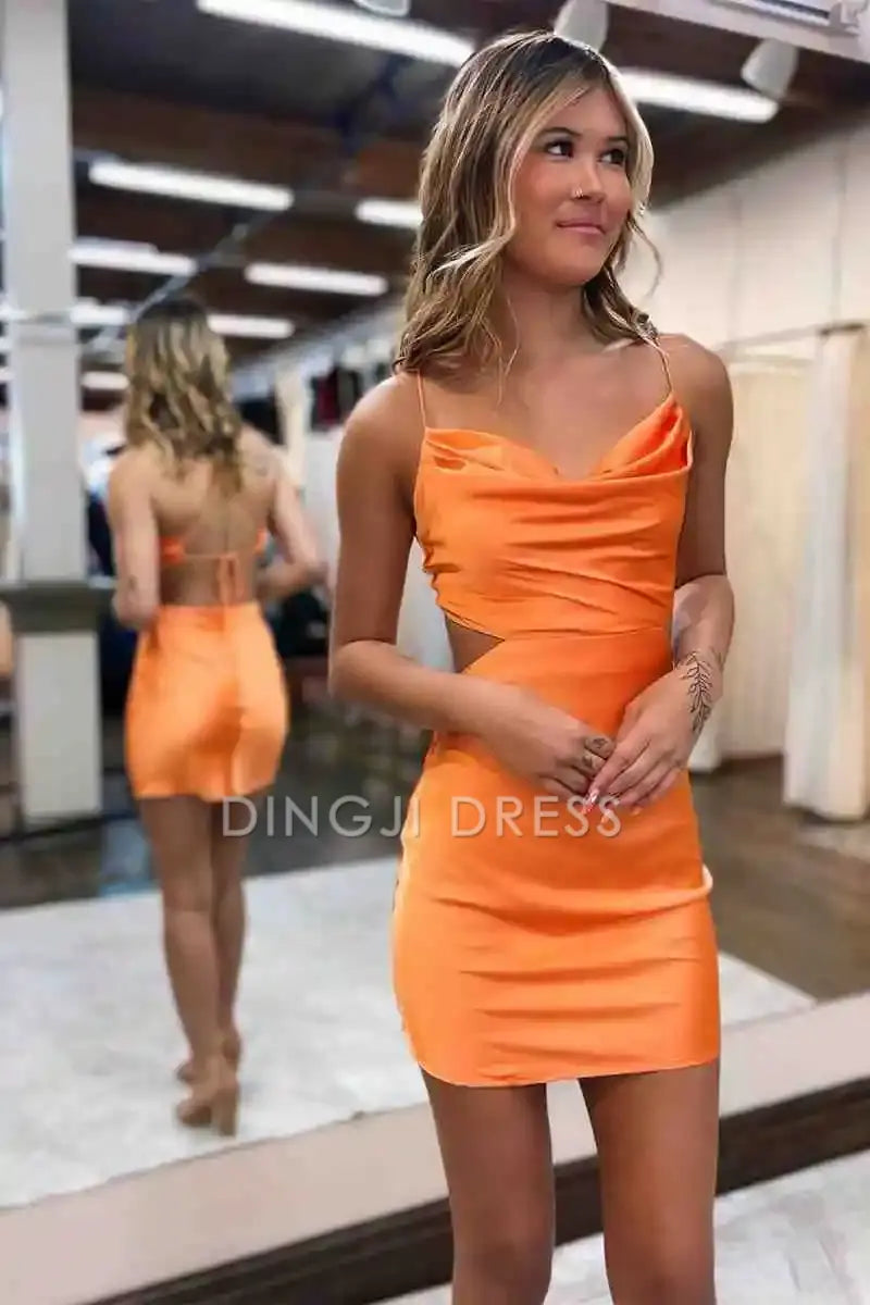DingJiDress Short Dress Simple Sheath Spaghetti Strap Cowl Neck Lace-Up Backless Sexy Mini Hot Sale Homecoming Dress