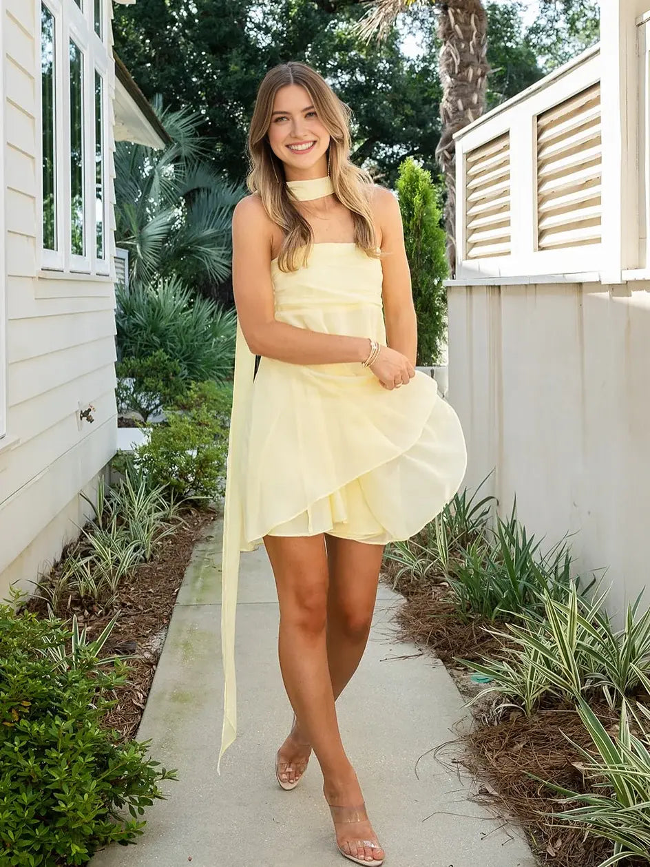 DingJiDress Short Evening Dress A Line Strapless Pleated Flutter Dress With Scarf Simple Cocktail Dress Hot Sale Homecoming Dress