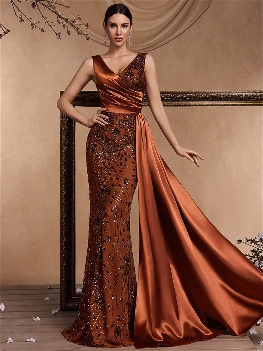 Discount Glamorous Mermaid V-Neck Sequin Satin Brick Red Train Evening Dress Buy