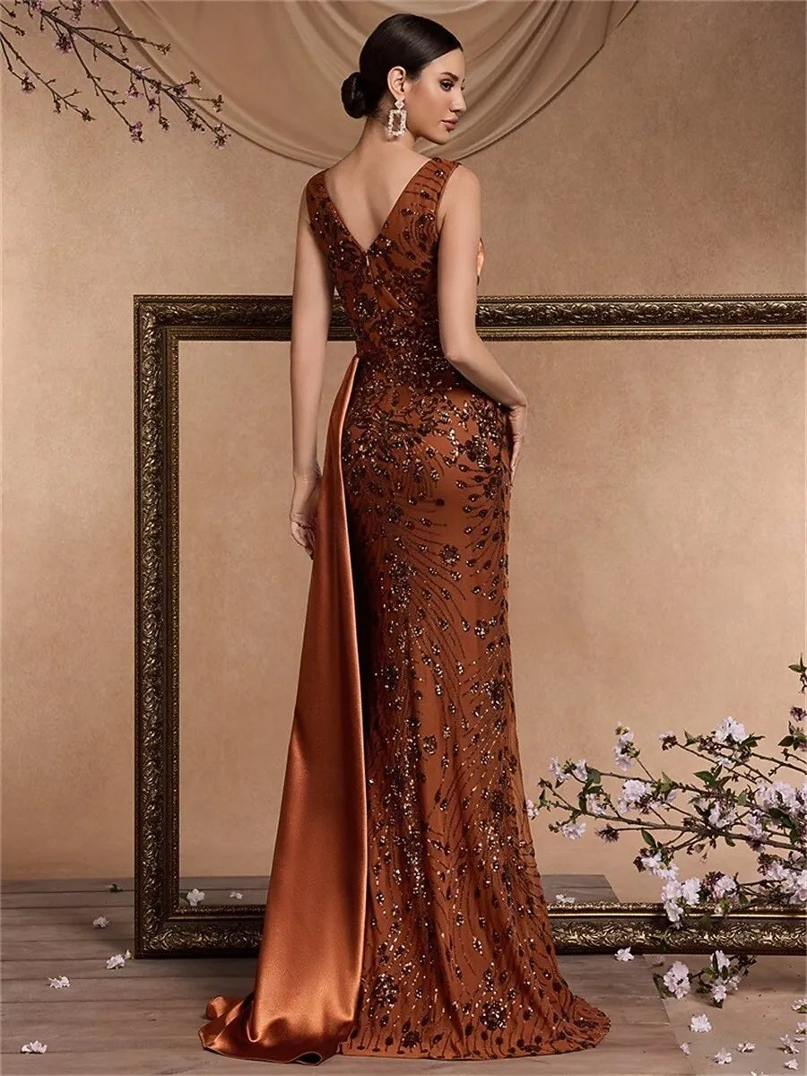 Discount Glamorous Mermaid V-Neck Sequin Satin Brick Red Train Evening Dress Buy