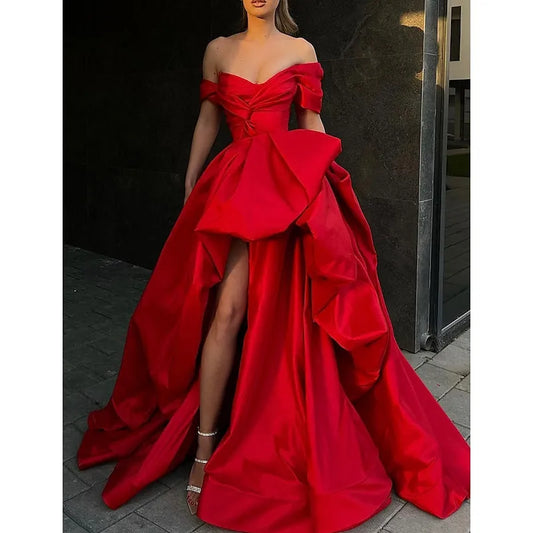 Dramatic Ball Gown Off-the-shoulder Cap-sleeved Ruffled Red Maxi Prom Dress for Women Custom