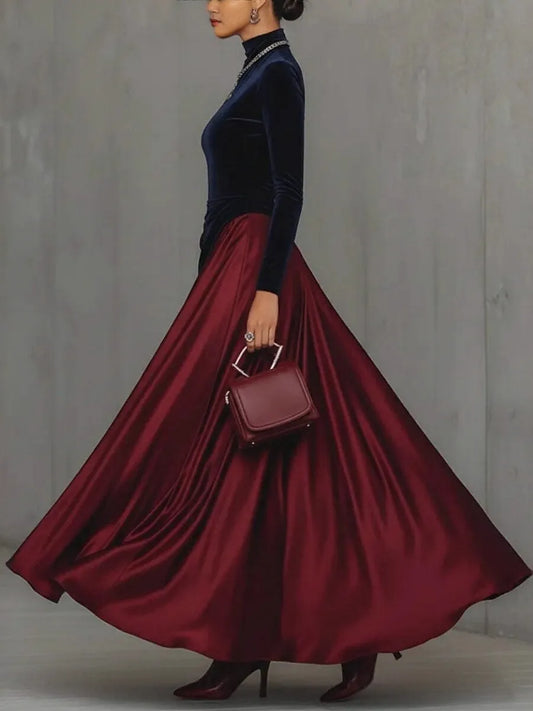Dramatic High Neck Long Sleeve Color-Blocked Navy & Burgundy Maxi Prom Dress for Women Custom
