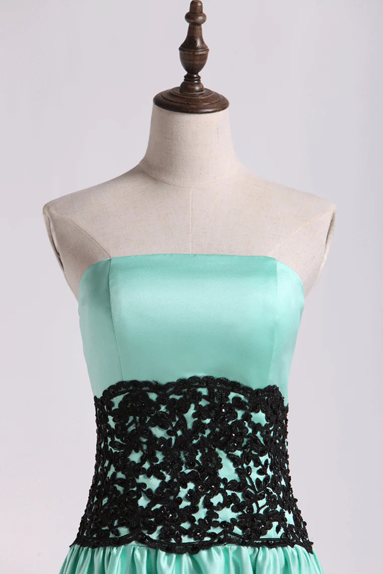 DingJiDress Bridesmaid Dresses Strapless A Line Tea Length Elastic Satin