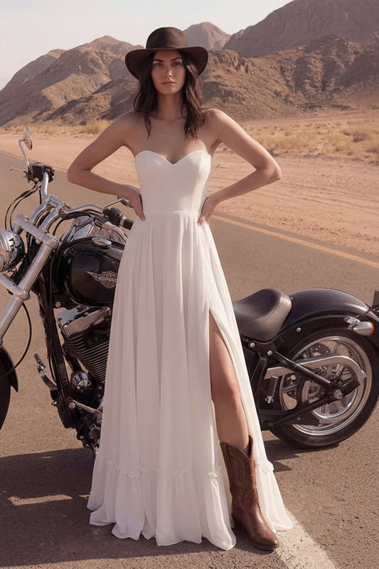 Edgy A-Line Sweetheart Ruffled Slit White Maxi Wedding Dress Hot Sale
