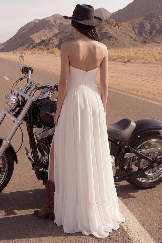 Edgy A-Line Sweetheart Ruffled Slit White Maxi Wedding Dress Hot Sale