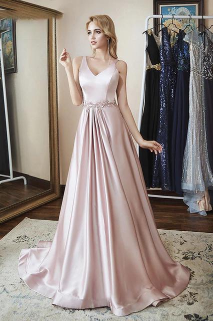 DingJiDress Prom Dresses Elegant A Line V Neck Satin Beads V Back Sleeveless