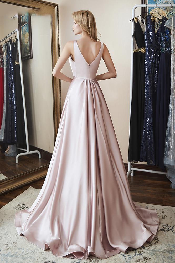 DingJiDress Prom Dresses Elegant A Line V Neck Satin Beads V Back Sleeveless