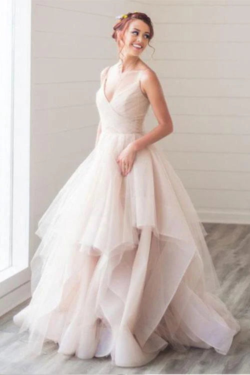 DingJiDress A Line Prom Dresses V Neck Straps Ball Gown Multi LayerTulle