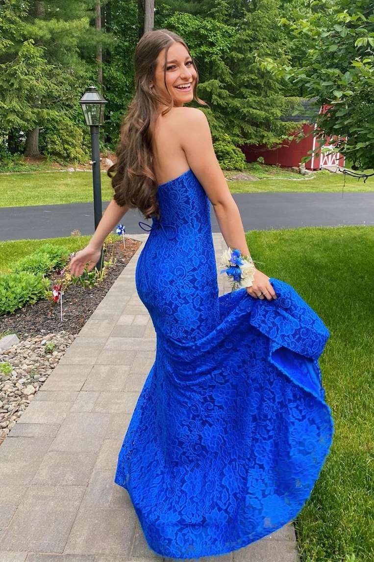 DingJiDress Long Prom Dresses Elegant Lace Strapless Sweetheart Mermaid