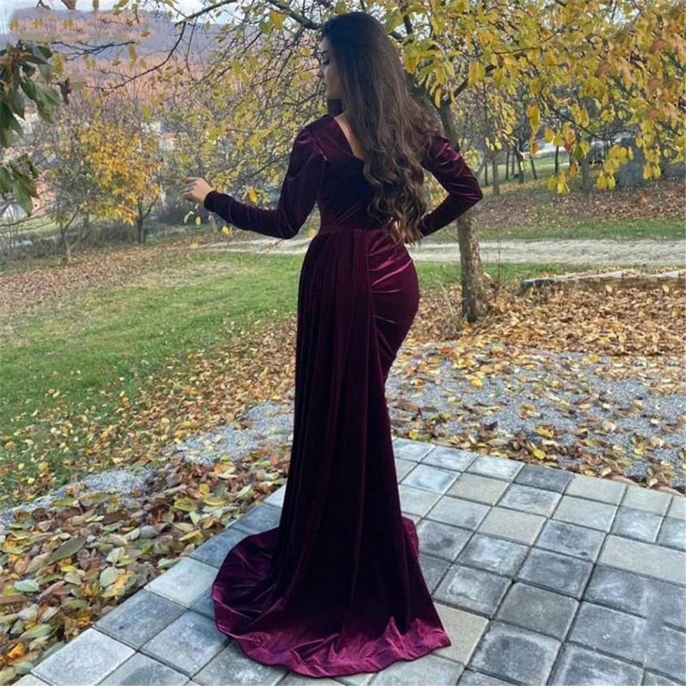 DingJiDress Prom Dresses Elegant Velvet Mermaid Long Sleeve Side Split