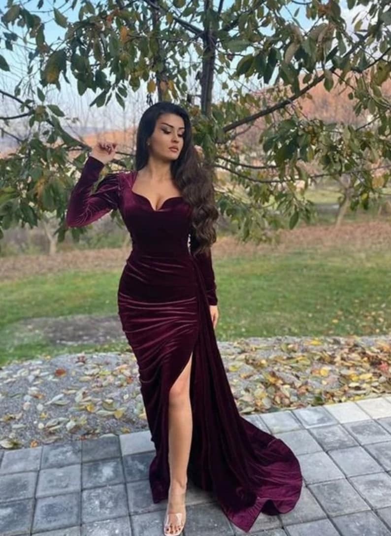 DingJiDress Prom Dresses Elegant Velvet Mermaid Long Sleeve Side Split