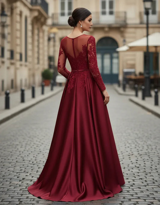 Elegant A-Line Illusion Neck Long Sleeve Lace Burgundy Long Prom Dresses