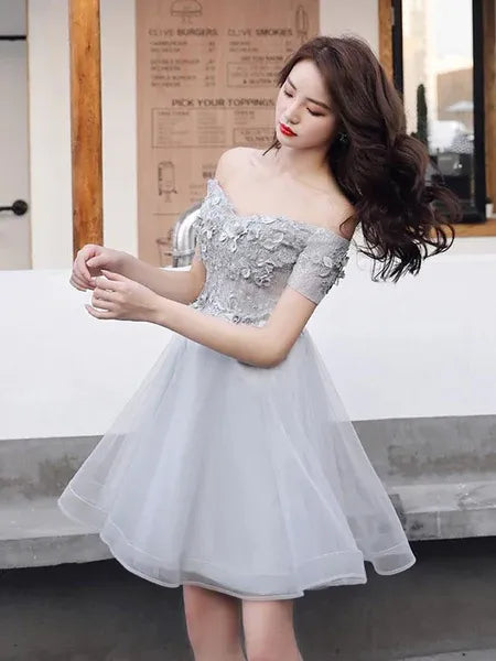Elegant A-Line Off-Shoulder Floral Applique TulleGrey Mini Homecoming Dress