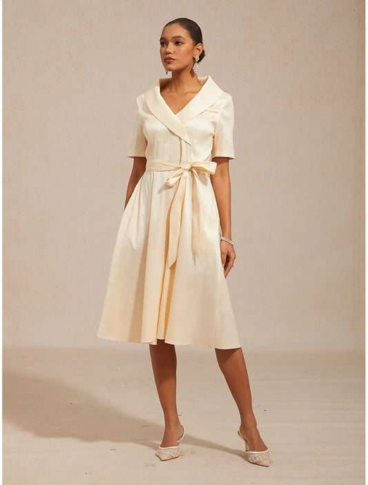 Elegant A-Line Shawl Collar Short Sleeve Satin Champagne Midi Prom Dress For Women Hot Sale