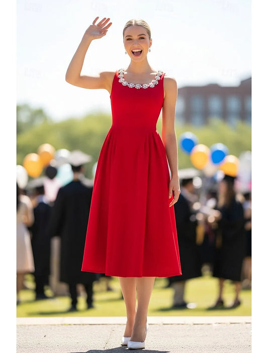 Elegant A-Line Scoop Neck Beaded Red Midi Evening Dress For Sale