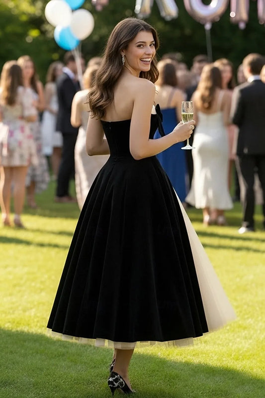 Elegant A-Line Strapless Bow Floral Black Champagne Tea Length Prom Dress For Sale