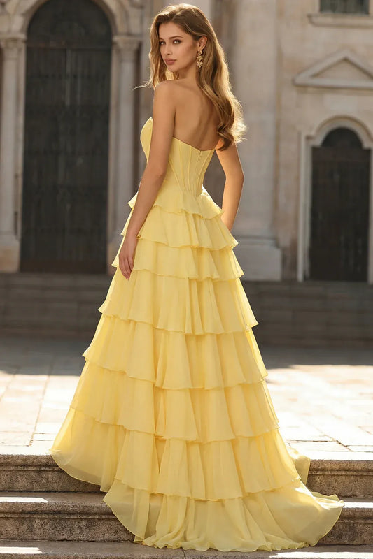 Elegant A-Line Sweethear Corset Tiered Ruffle Yellow Prom Dress With Slit
