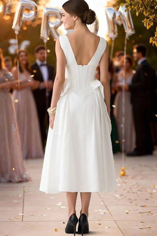 Elegant A-Line V-Neck Bow Satin White Tea Length Prom Dress