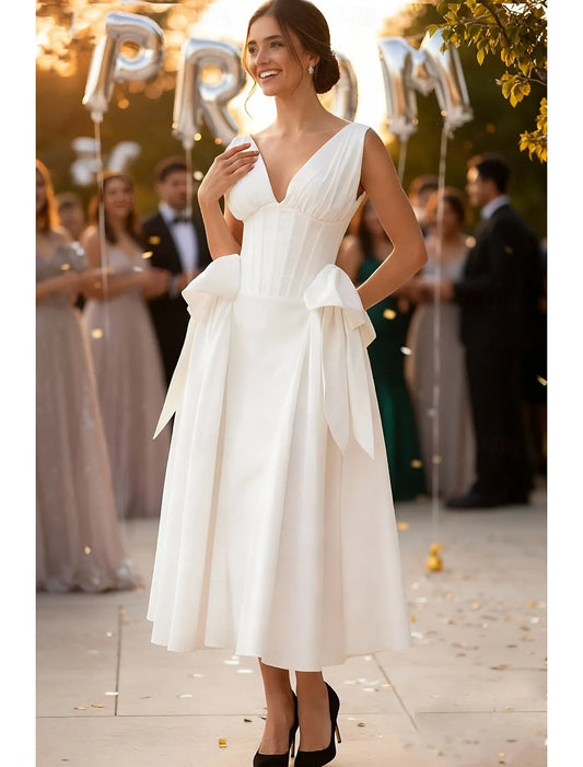 Elegant A-Line V-Neck Bow Satin White Tea Length Prom Dress
