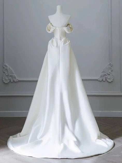 Elegant A-line Off-the-Shoulder Satin Ivory Long Prom Dress With Beaded