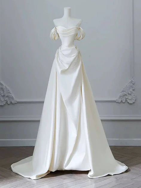Elegant A-line Off-the-Shoulder Satin Ivory Long Prom Dress With Beaded