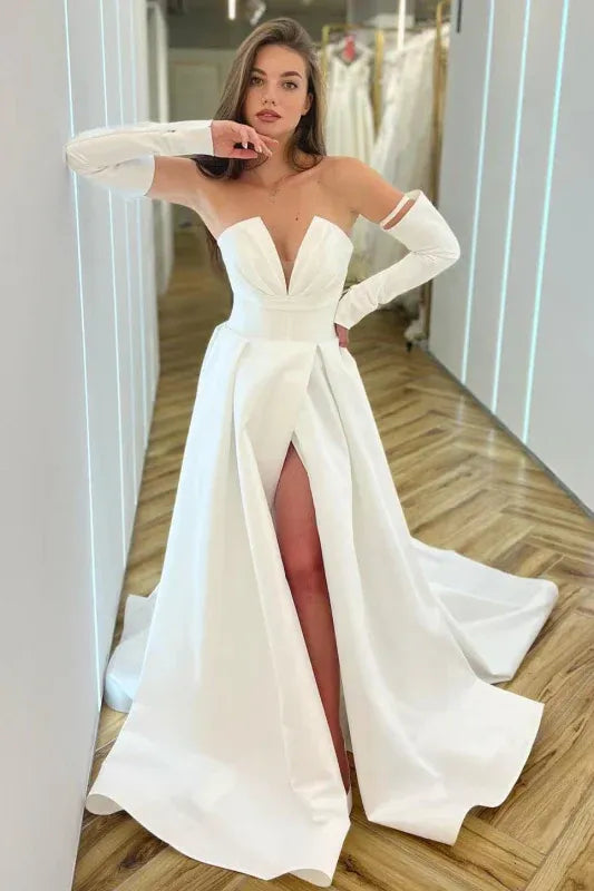 Elegant A-line Off-the-shoulder Long-sleeve Ruched White Floor-length Prom Dress for Women Ready to Ship