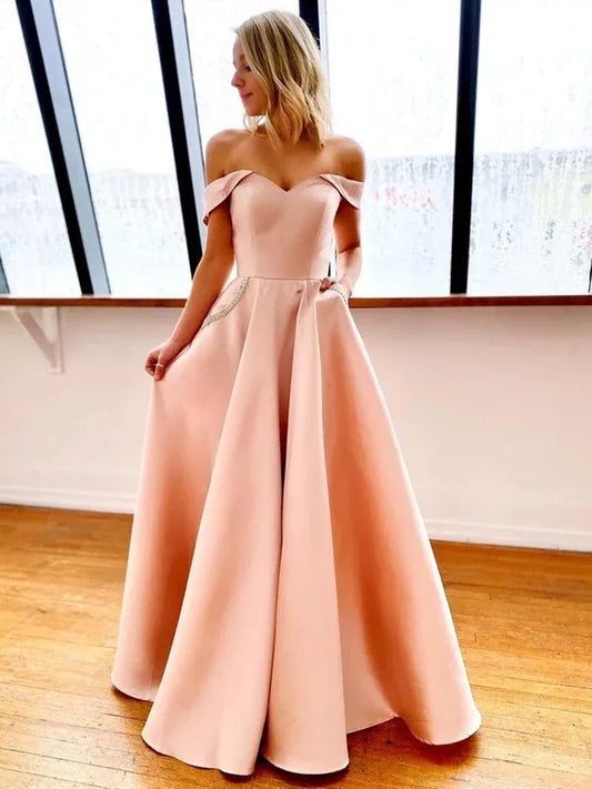 Elegant A Line Off Shoulder Beaded Satin Blush Maxi Prom Dress With Pocket
