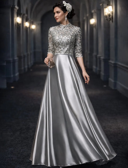 Elegant A-line High Neck Half Sleeve Sequined Silver Maxi Prom Dress for Women Custom