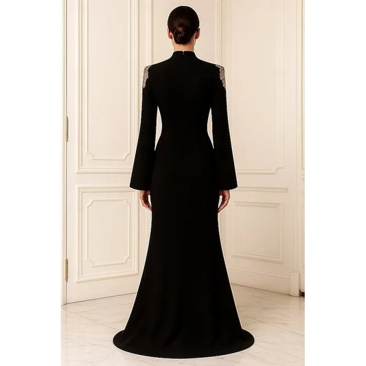 Elegant Mermaid High Neck Long Sleeve Applique Black Floor Length Evening Dress For Sale