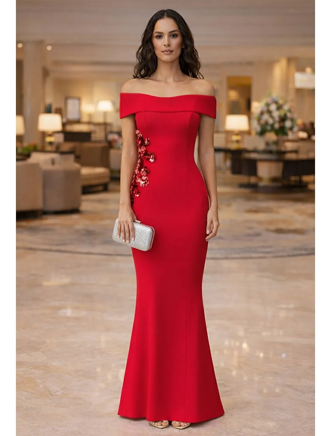 Elegant Mermaid Off Shoulder Floral Applique Red Floor Length Evening Dress