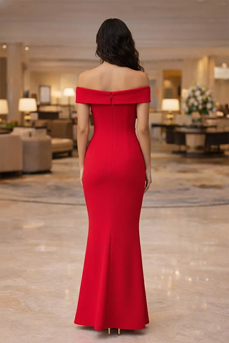 Elegant Mermaid Off Shoulder Floral Applique Red Floor Length Evening Dress