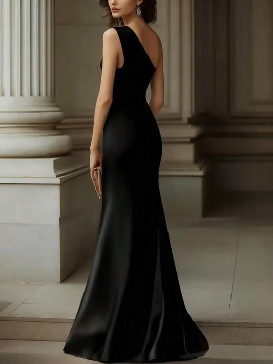 Elegant Mermaid One-Shoulder Sleeveless Color-Blocked Black Gold Maxi Prom Dress for Women Ready to Ship