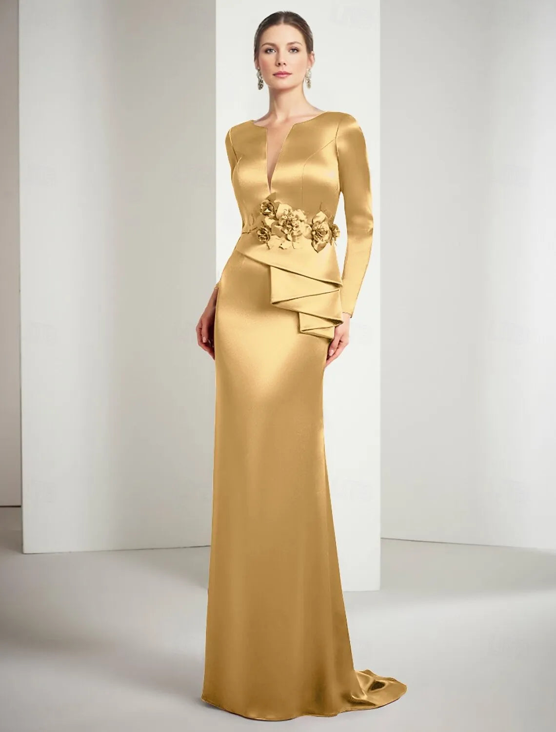 Elegant Mermaid Split Neck Long Sleeve Satin Gold Floor Length Evening Dress For Sale