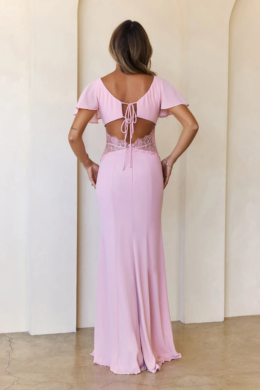 Elegant Mermaid Square Neck Cap Sleeves Lace Applique Pink Maxi Prom Dress
