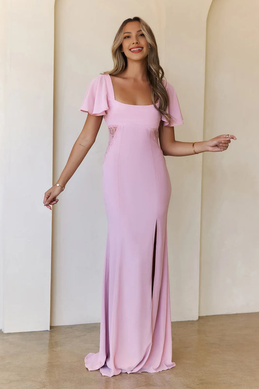 Elegant Mermaid Square Neck Cap Sleeves Lace Applique Pink Maxi Prom Dress