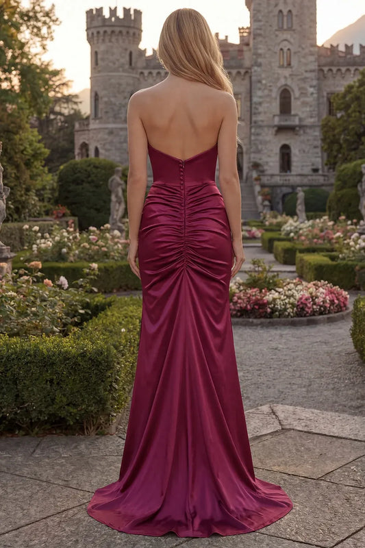 Elegant Mermaid Strapless Ruched Satin Burgundy Train Prom Dress With Slit