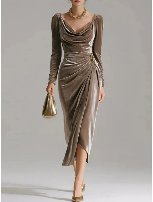 Elegant Sheath Cowl Neck Long-sleeve Ruched Taupe Velvet Midi Evening Dress for Women Hot Sale