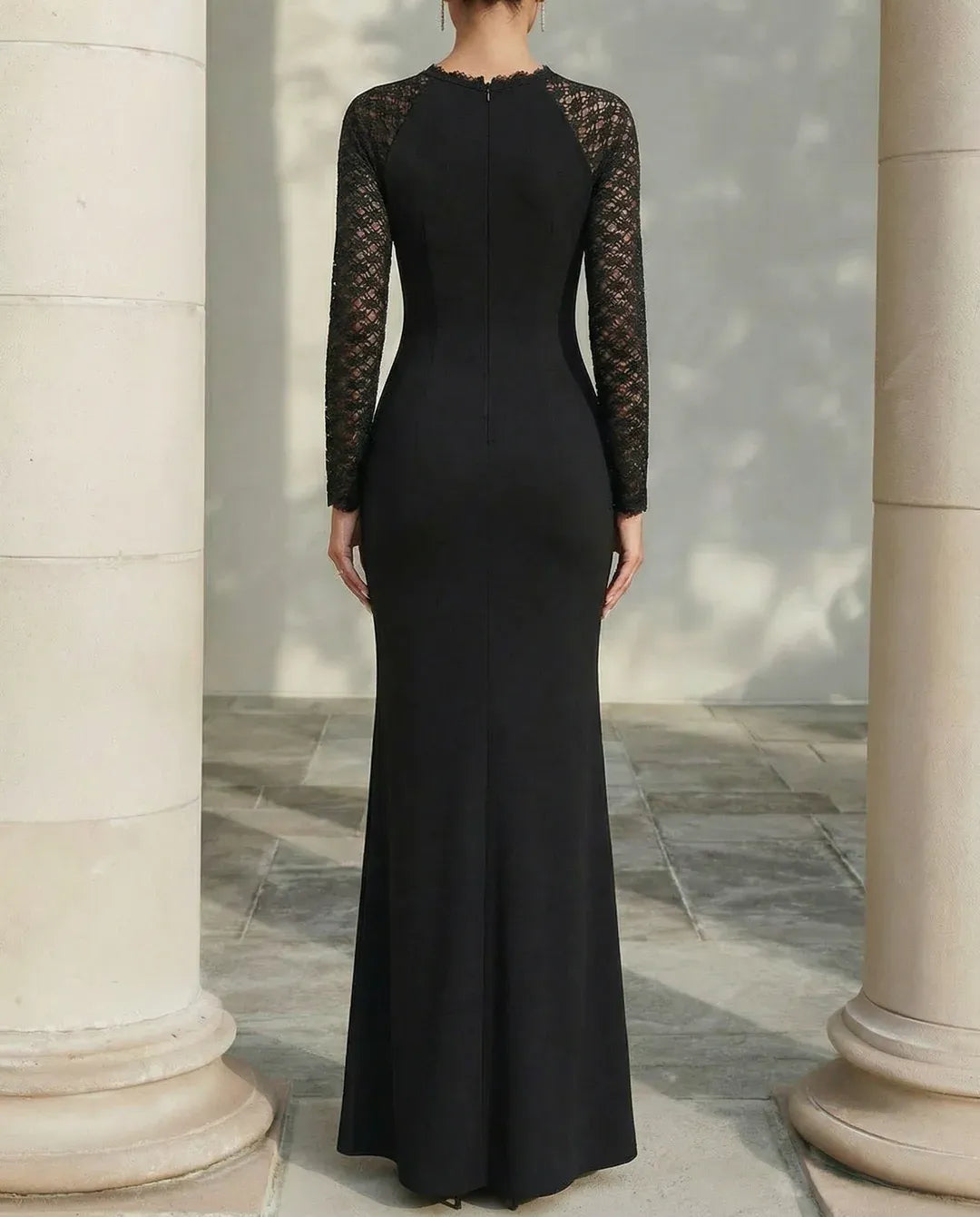 Elegant Mermaid Crew Neck Lace Sleeve Black Floor-Length Evening Dresses