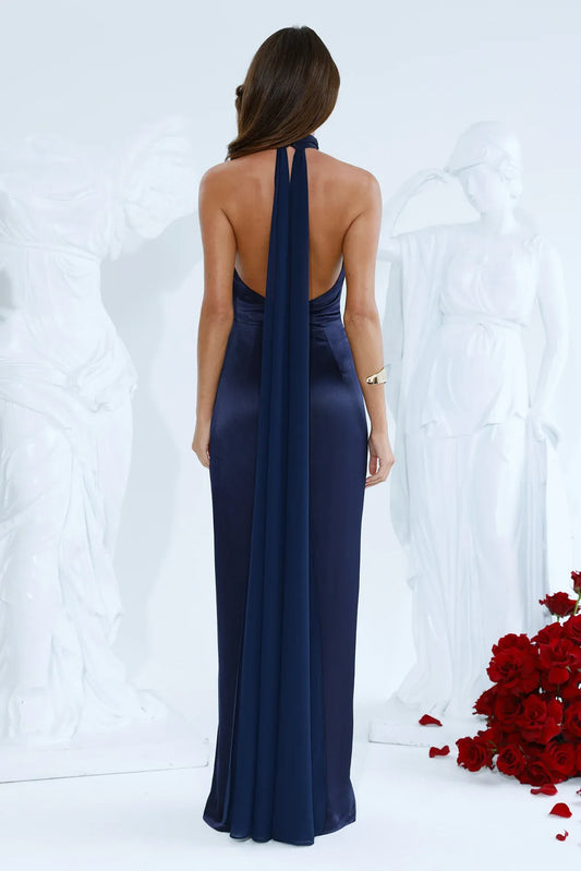 Elegant Sheath Halter Sleeveless Open Back Satin Navy Maxi Evening Dress
