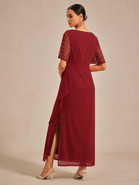 Elegant Sheath V-Neck Half Sleeve Beaded Red Maxi Evening Dress for Women Ready to Ship